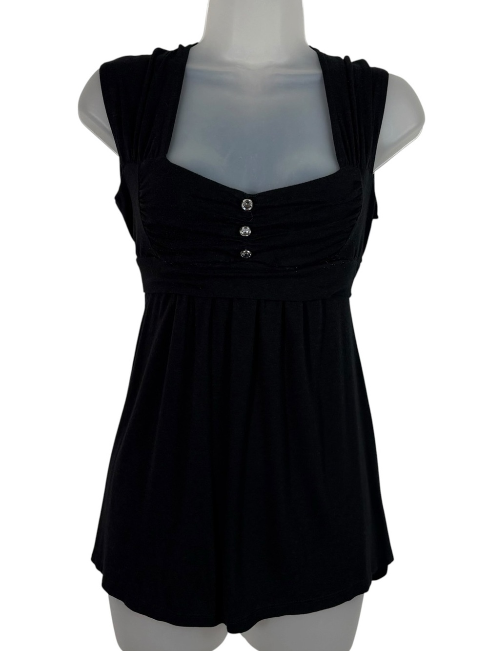 Body Central Vintage Y2K Black Wide Strap Rhinestone Button Babydoll Top Fairy